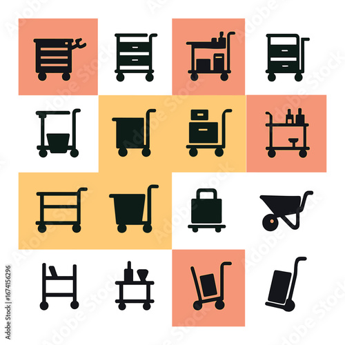 Silhouette cart icon set featuring shopping, utility, luggage, wheelbarrow, bar, and cleaning carts