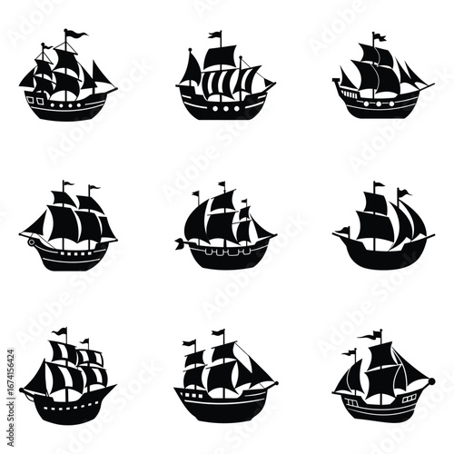 set of sailing pirate ships silhouette vector illustration