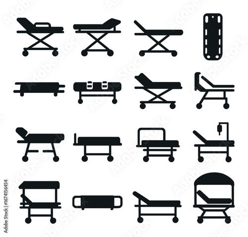 Silhouette medical equipment icon set featuring stretcher, hospital bed, gurney, and examination table symbols