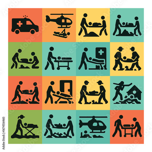Silhouette medical emergency icon set featuring ambulance, helicopter, stretcher, and patient care symbols