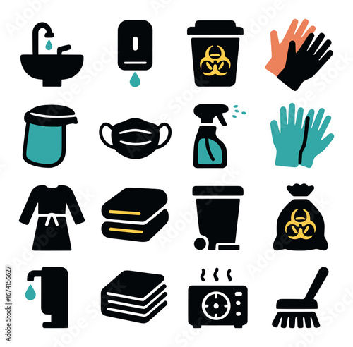 Silhouette hygiene icon set featuring sink, gloves, mask, sanitizer, disposal, and cleaning symbols