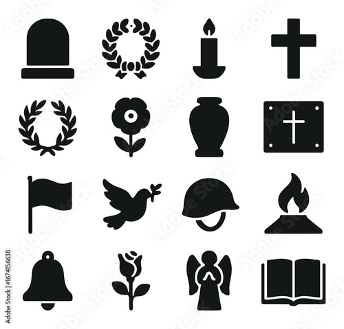 Silhouette memorial icon set featuring grave, wreath, candle, cross, dove, and angel symbols