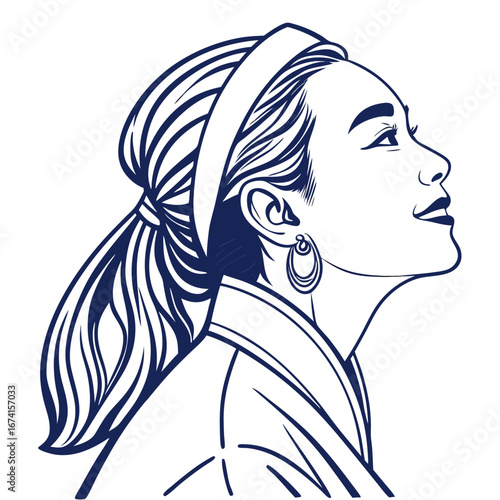 Elegant woman with headband and hoop earring, profile view, conveying confidence and style in a minimalist line art design.