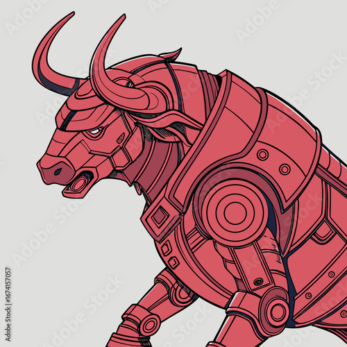 Powerful robotic bull charging forward with aggressive stance, symbolizing strength, technology, and unstoppable momentum in modern design