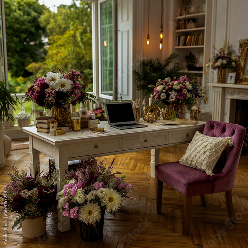 Romantic workspace with white desk, laptop, velvet chair, and glowing string lights. Surrounded by lush pink and white flowers, creating a cozy elegant atmosphere with warm HDR lighting.