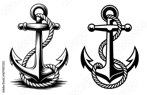 Collection of two detailed vintage-style ship anchors with ropes, ideal for nautical and travel brand logo designs or apparel prints
