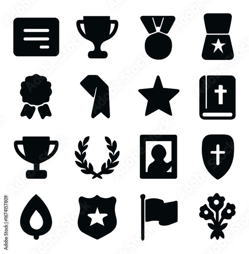 Silhouette awards icon set featuring trophy, medal, badge, laurel, shield, flag, and certificate symbols