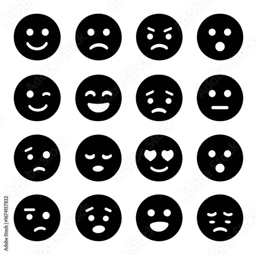 Silhouette emoticon icon set featuring smile, frown, wink, laugh, sad, surprised, love, and sleepy expressions