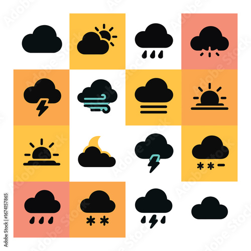 Silhouette weather icon set with sun, cloud, rain, snow, thunder, and wind symbols