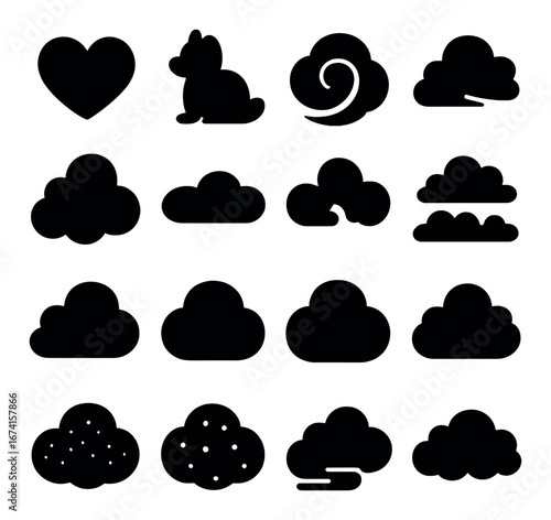 Silhouette weather icon set featuring heart, dog, swirl, and various cloud symbols