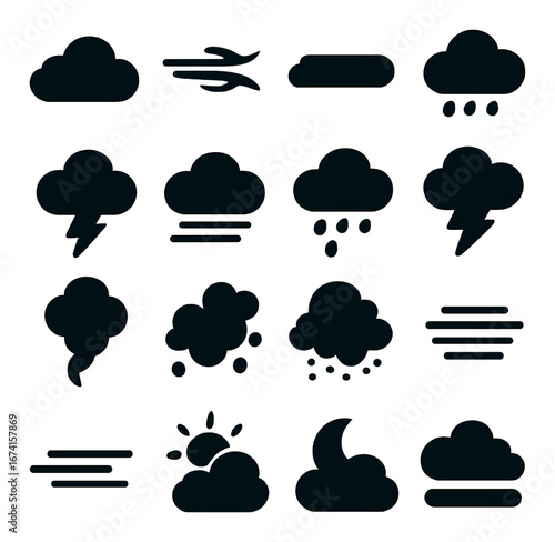 Silhouette weather icon set featuring cloud, rain, wind, thunder, fog, sun, and moon symbols