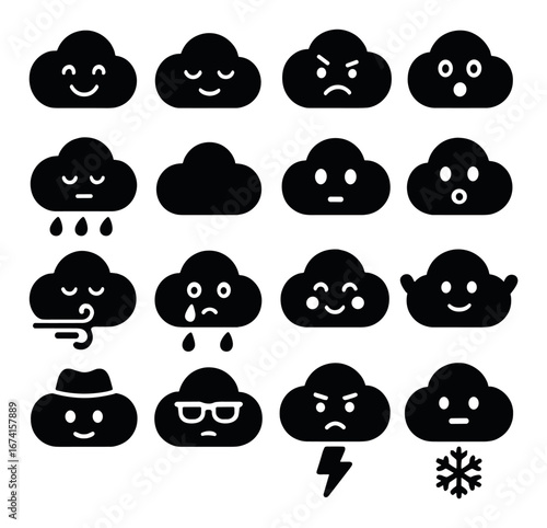 Silhouette weather icon set featuring smiling, sad, angry, windy, lightning, snowflake, crying faces