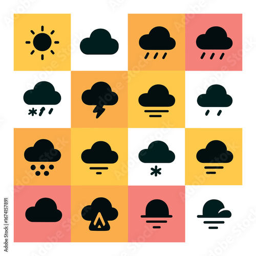 Flat weather icon set featuring sun, cloud, rain, snow, thunderstorm, fog, and hail symbols