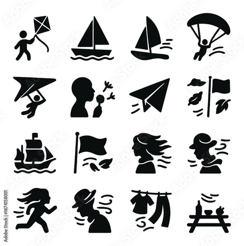 Silhouette weather icon set featuring wind, kite, sailing, parachute, windsurfing, and paper plane symbols