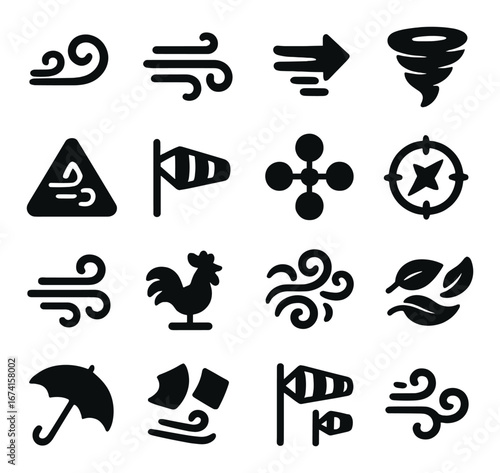 Silhouette weather icon set featuring wind, tornado, compass, storm, and umbrella symbols