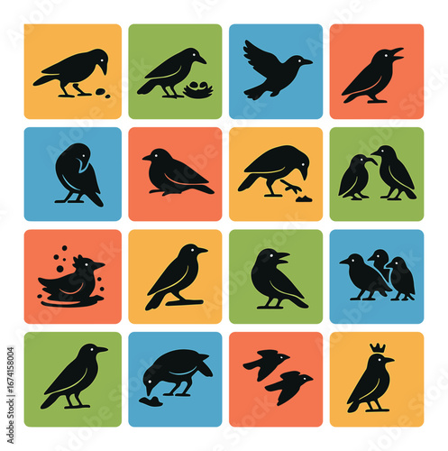 Silhouette bird icons set featuring crow, nest, flying, pecking, and flock symbols