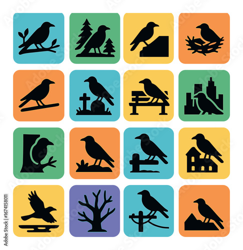 Silhouette crow icon set featuring forest, gravestone, nest, bench, tree, city, branch, and flight symbols