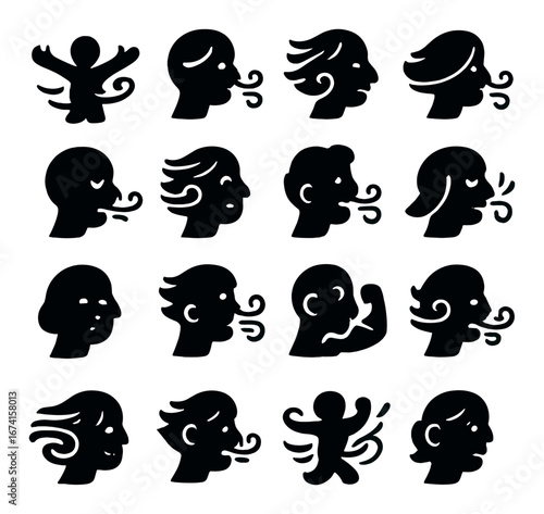 Silhouette wind icon set featuring characters, faces, and airflow symbols