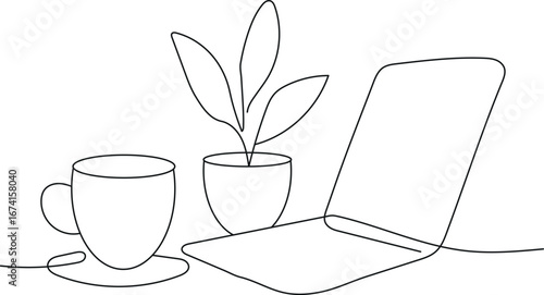 vector illustration of a cup of coffee and a vase beside laptop