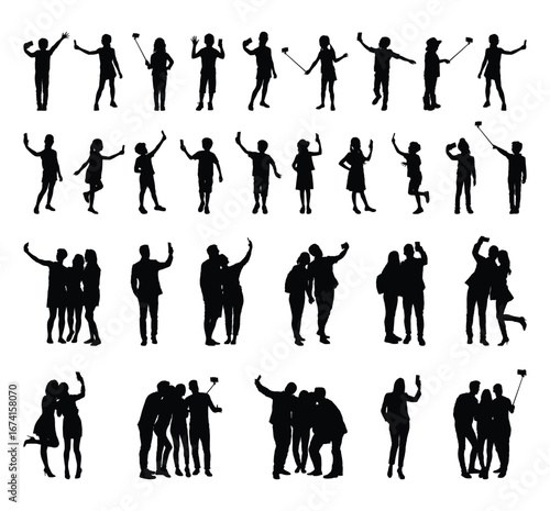 People various ages taking selfie with smartphone in different poses vector isolated silhouettes set on white background. Children young and adult people taking selfie live on social media silhouette.