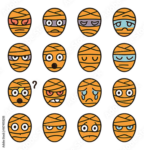 Flat halloween icon set with mummy faces showing various emotions and expressions