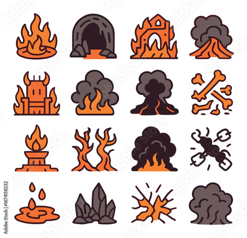 Flat volcanic icon set featuring lava, eruption, fire, smoke, cave, and earthquake symbols