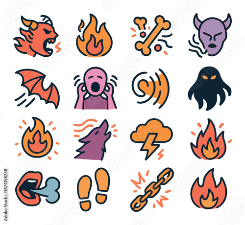 Flat horror icon set featuring ghost, demon, fire, scream, bat, bone, chain, cloud symbols