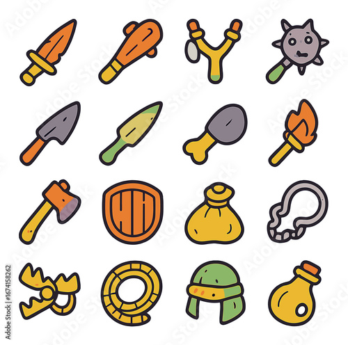 Cartoon icon set featuring weapons, shield, skull, and torch