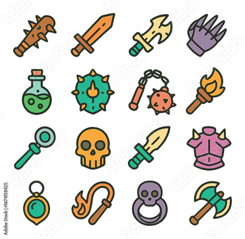 Flat fantasy icon set featuring weapons, potion, shield, torch, skull, armor, and amulet symbols