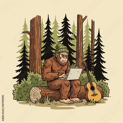 Bigfoot Relaxing with Laptop in Forest Illustration