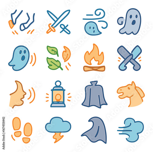 Linear halloween icon set featuring ghosts, fire, swords, leaves, lantern, and horse symbols
