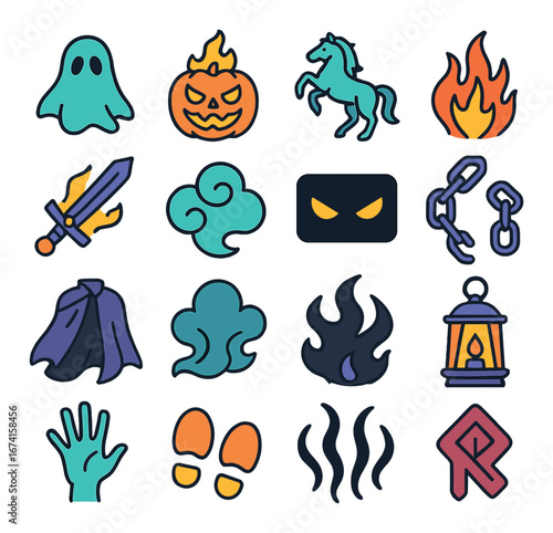 Flat halloween icons set: ghost, pumpkin, horse, fire, sword, cloak, smoke, lantern, chain
