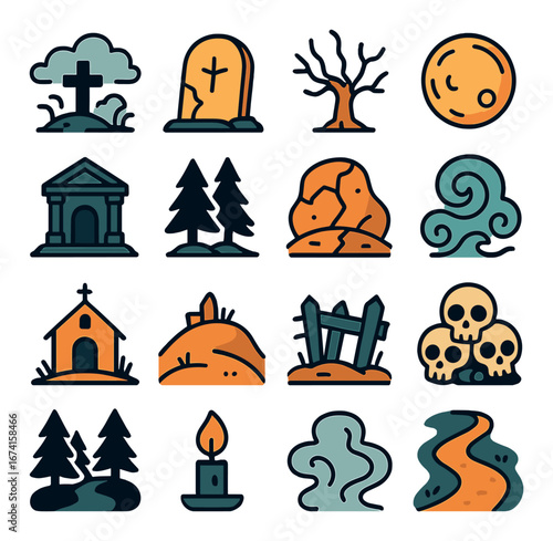 Flat halloween icons set featuring grave, moon, tree, church, skull, and candle symbols
