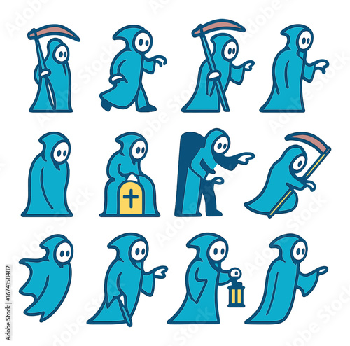 Flat halloween icons set featuring grim reapers, scythe, and lantern