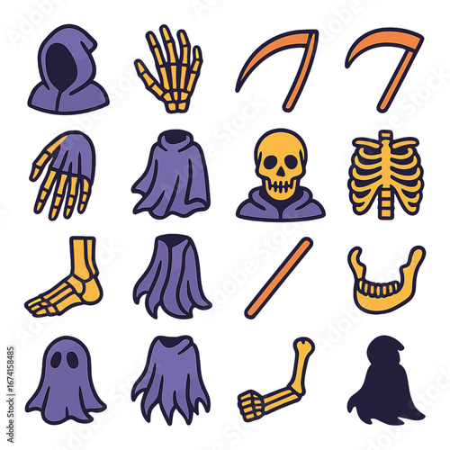 Flat halloween icons set with ghost, skeleton, scythe, cloak, skull, ribcage, bone