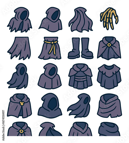Silhouette fantasy clothing icon set featuring cape, robe, hood, boots, and cloak symbols