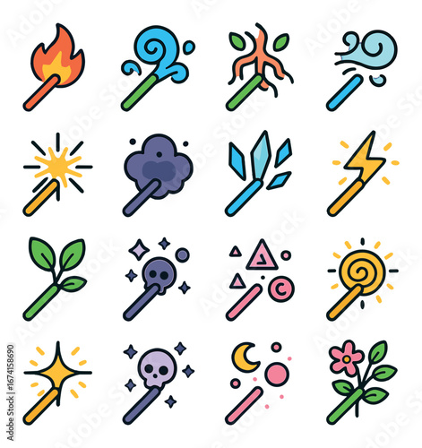 Flat magic wands icon set featuring fire, water, earth, air, spark, cloud, crystal, lightning