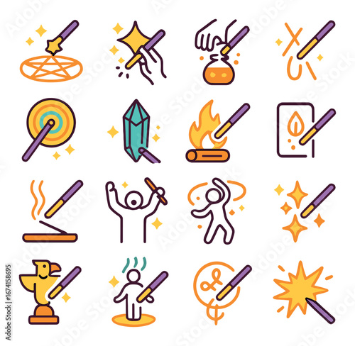Linear magic icon set featuring wand, potion, fire, crystal, spellbook, target, and statue symbols