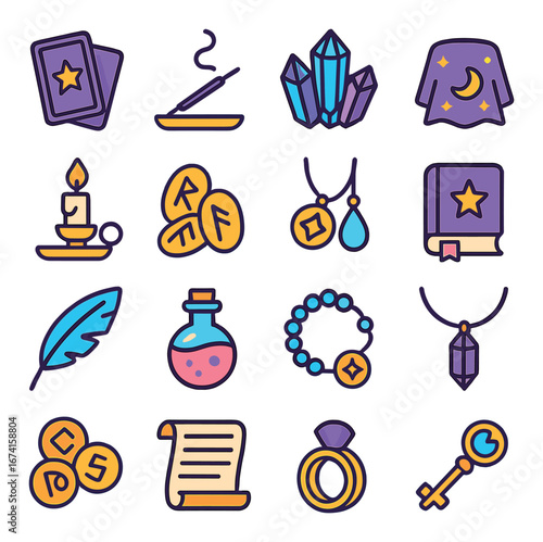 Flat mystical icon set featuring tarot, incense, crystals, sweater, candle, coins, necklace, journal, feather
