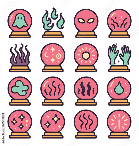 Flat magic icon set featuring ghost, fire, alien, spirit, hands, cloud, and drop symbols