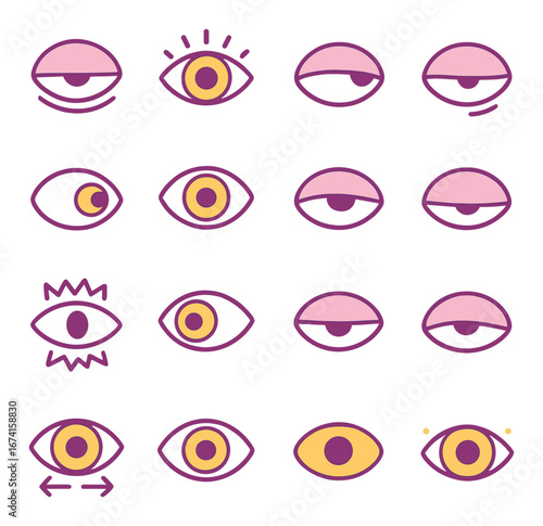 Flat whimsical eye icons set featuring sleepy, awake, closed, winking, and surprised expressions