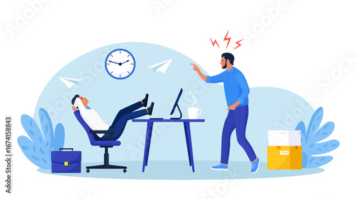 Lazy employee relaxes at the desk while angry boss points at clock. Procrastination or project deadline, low productivity and missed deadlines. Efficiency in work. Postpone tasks to do later