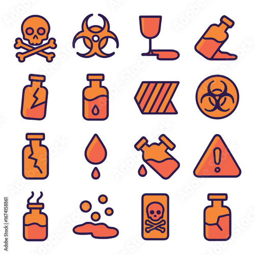 Flat hazard icon set featuring skull, biohazard, broken bottle, chemical spill, warning, exclamation, and toxic symbols