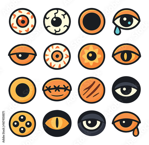 Flat eye icon set featuring open, closed, teary, zigzag, circle, radiant, and lined symbols