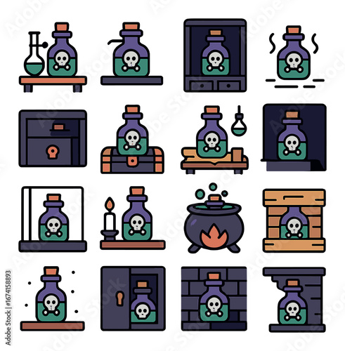 Flat potion icon set featuring potion bottle, cauldron, fireplace, laboratory, chest, shelf, cabinet