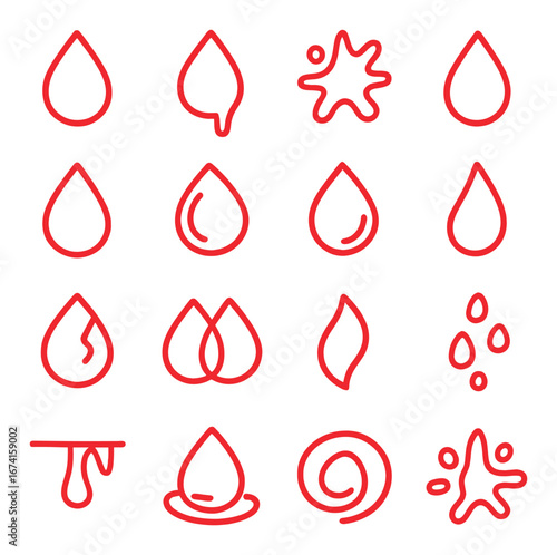 Linear water themed icon set with drop, splash, and wave symbols