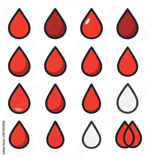 Flat blood icon set featuring drop, donation, transfusion, water, and abstract symbols