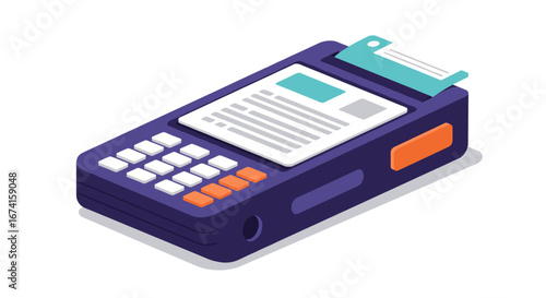 Isometric point of sale terminal with printed receipt and payment card on white background