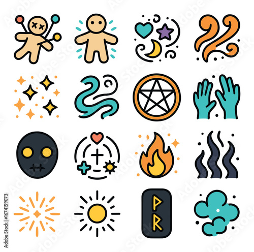 Flat icon set for witchcraft: voodoo doll, stars, moon, pentagram, fire, spells, hands