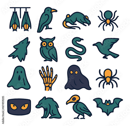 Silhouette halloween icon set: bats, crows, wolves, spiders, snakes, ghosts, and more